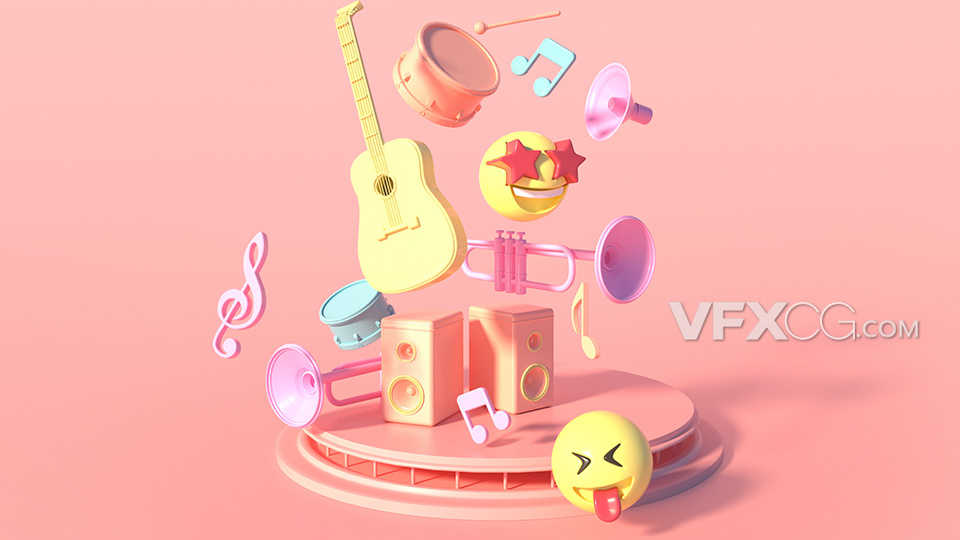 卡通3D粉黄色音乐音符C4D三维模型