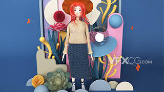 C4D彩色卡通风格植物背景女孩形象模型