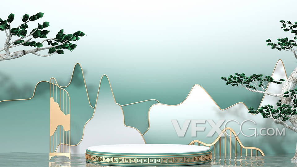 C4D卡通水墨国风展台背景模型
