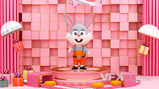 卡通兔子传输月饼粉色舞台C4D工程