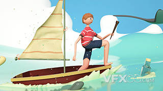 青蓝色夏日海洋漂流男孩帆船主题C4D模型