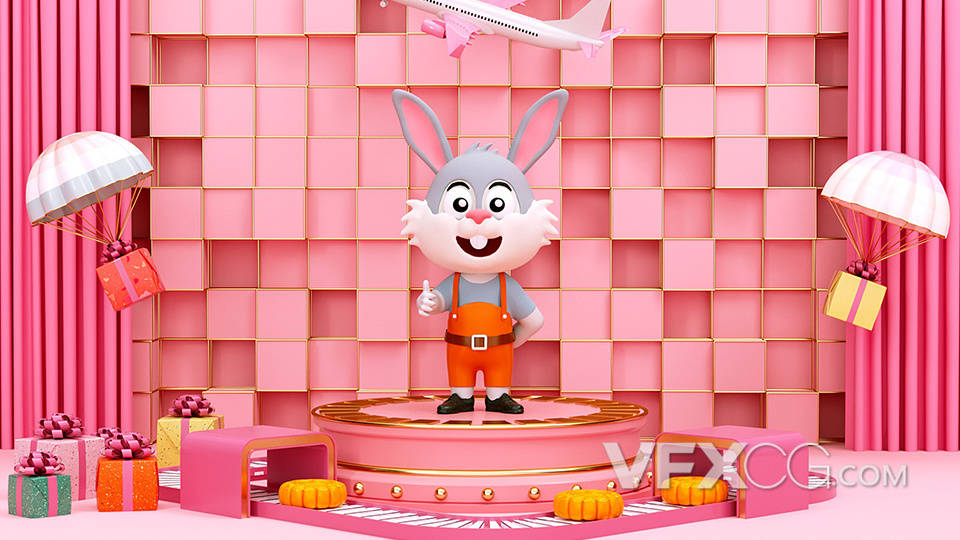 卡通兔子传输月饼粉色舞台C4D工程