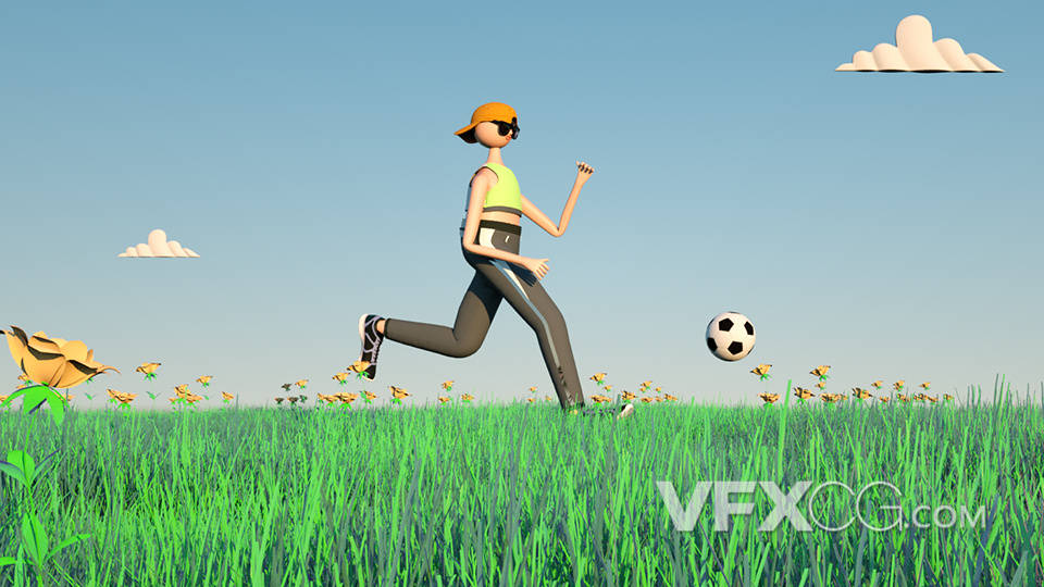 绿色草地夏季运动足球卡通人物C4D模型