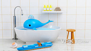C4D卡通浴池蓝色鲸鱼IP形象效果