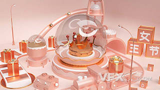 淡粉色38女王节玻璃球主题C4D创意场景