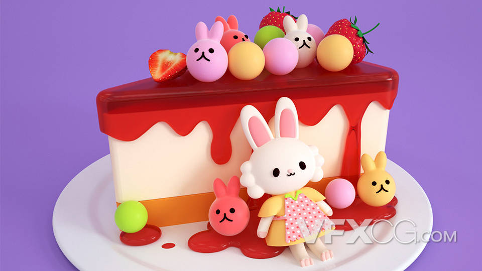 糖果色可爱小兔子果酱蛋糕C4D模型