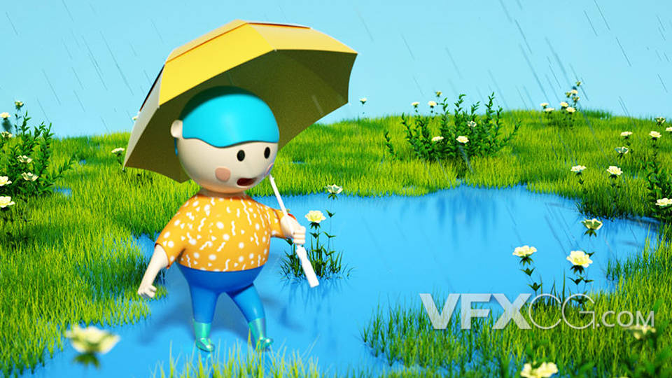 绿色卡通风格夏日雨季男孩戏雨水C4D模型