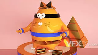 橙黄色系卡通ip淘金猫形象C4D模型