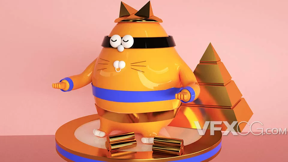 橙黄色系卡通ip淘金猫形象C4D模型