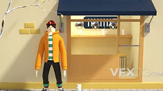 秋季卡通ip男人咖啡店街景C4D模型
