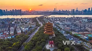 武汉城市建筑地标黄鹤楼日落实拍视频