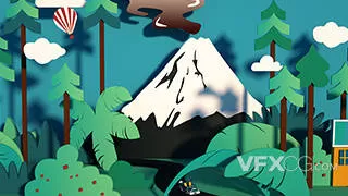 绿色系剪纸风格火山森林主题C4D创意场景